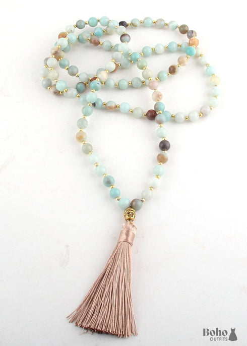 Boho Necklace, RH Amazonite, Tassel Blue Green Natural Stone